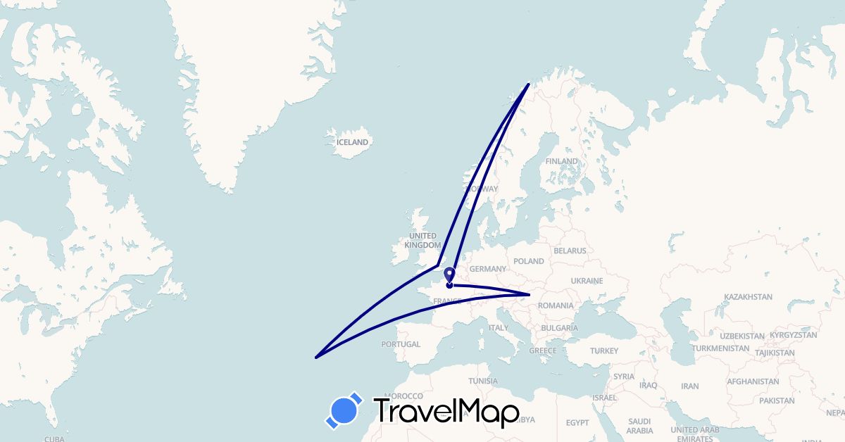 TravelMap itinerary: driving in France, United Kingdom, Hungary, Norway, Portugal (Europe)
