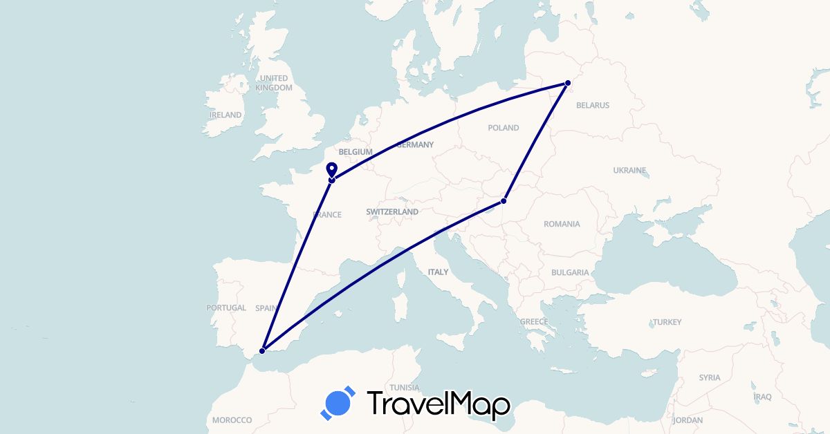 TravelMap itinerary: driving in Spain, France, Hungary, Lithuania (Europe)